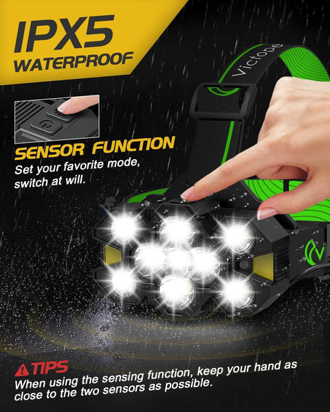 Victoper Head Torch Rechargeable v10000 Upgraded 22000 Lumen Torches LED Super Bright Headlight 10 LEDs Modes Hands-Free Flashlight for Camping Fishing Cycling Hiking Waterproof, Black