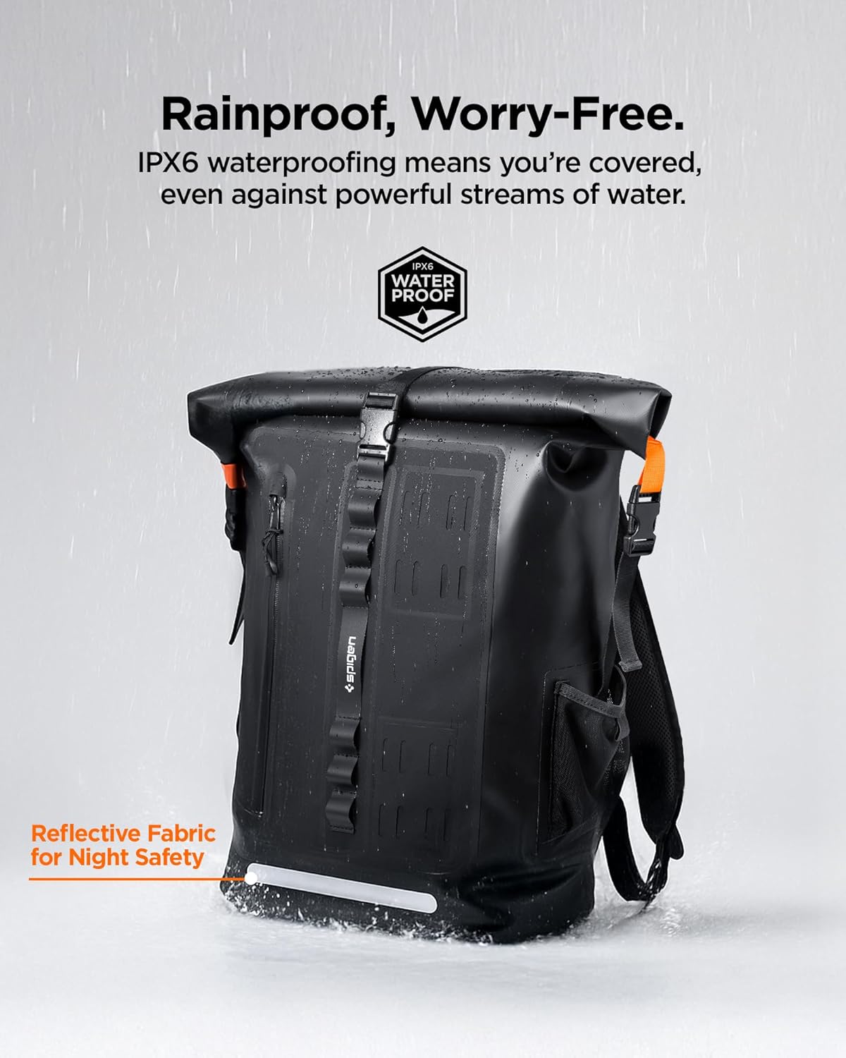 Spigen Waterproof Backpack IPX6 35L Roll Top Travel Rucksack Fits up to 16 Inch Laptop, Multi-Compartment Bag Ventilated Back, Chest Strap Hiking, Camping, Swimming, Canoeing, Fishing – Black