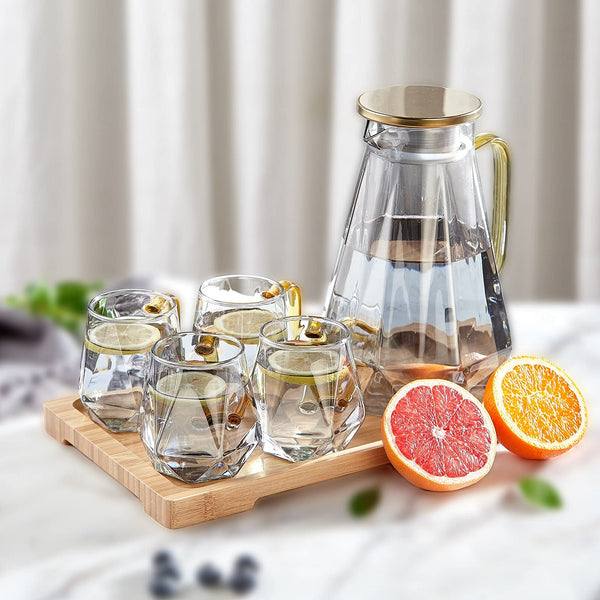 DUJUST Black Diamond Glass Pitcher with 4 Cups, 1 Tray, Elegant Design Water Pitcher with Handle, Decoration for Room, High Durability Water Glass