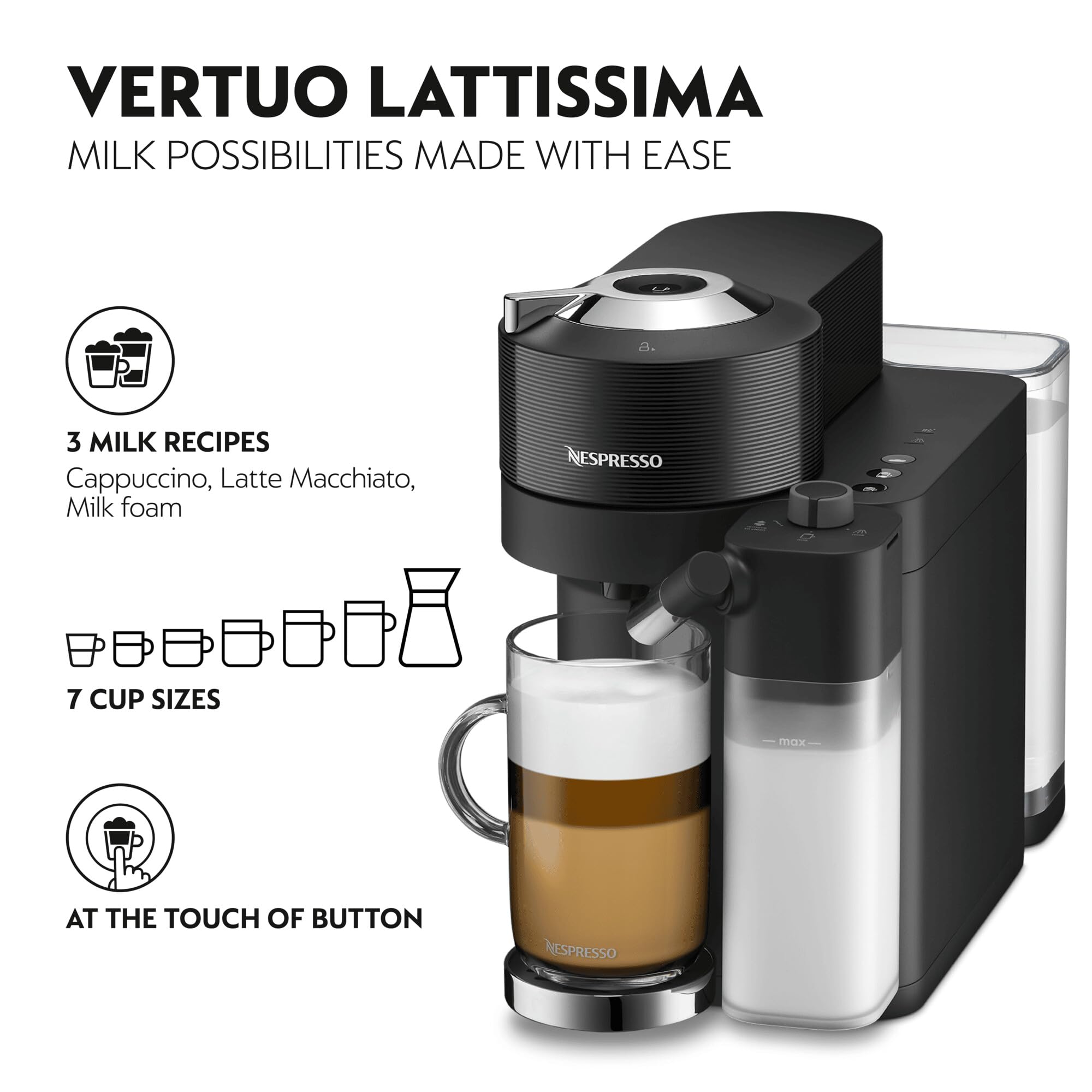 Nespresso Vertuo Lattissima Coffee Machine by De'Longhi for Vertuo Coffee Pods, Latte, Cappuccino, Integrated Milk Frother, Starter Capsule Set Included, ENV300.B, Black