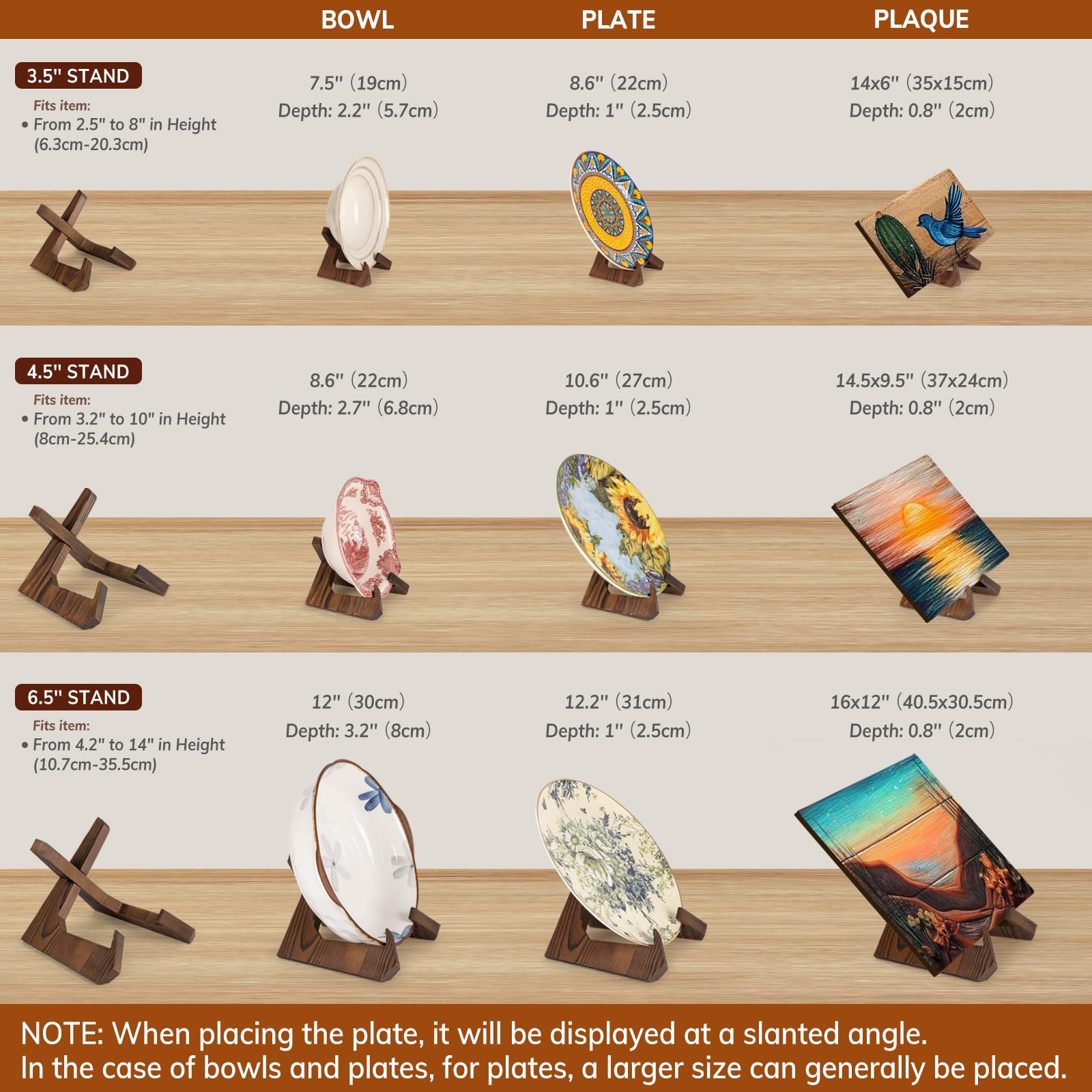 ANBOXIT Bowl Stands for Display, 3 Pack 6,5 Inch Plate Holder, Wooden Easel Frame Holder, Display Stand for Large Deep Platters and Dishes, 23 x 20 x