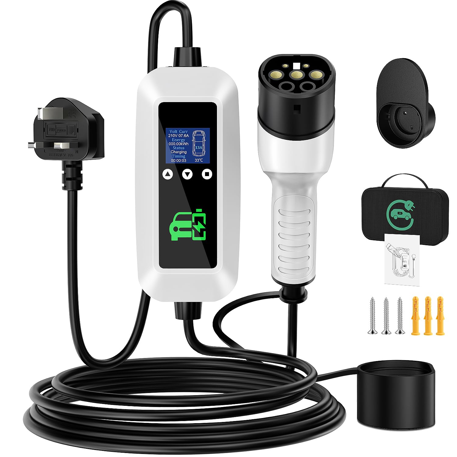 EV Charger Cable Type 2 to 3 Pin Plug 3KW, 6M, 6/8/10/13A, Adjustable Current EV Charger,With LED Screen Timing Delay IP66/IP65, With Carry Bag and Type 2 EV Cable Holder for EVs and PHEVs