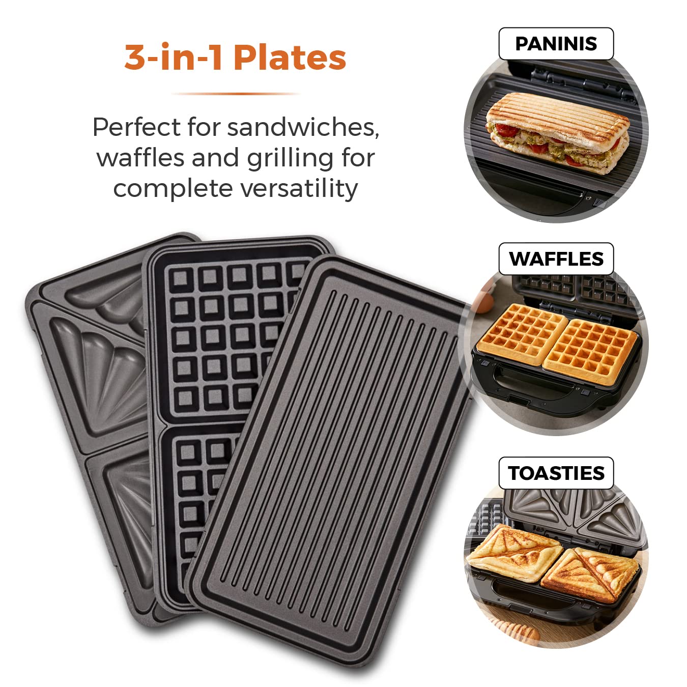 Tower T27032 3-in-1 Deep Filled Snack Maker with Non-Stick Coated Plate and Automatic Temperature Control, 900W, Stainless Steel