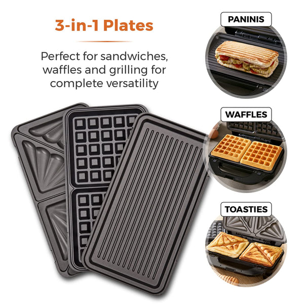 Tower T27032 3-in-1 Deep Filled Snack Maker with Non-Stick Coated Plate and Automatic Temperature Control, 900W, Stainless Steel