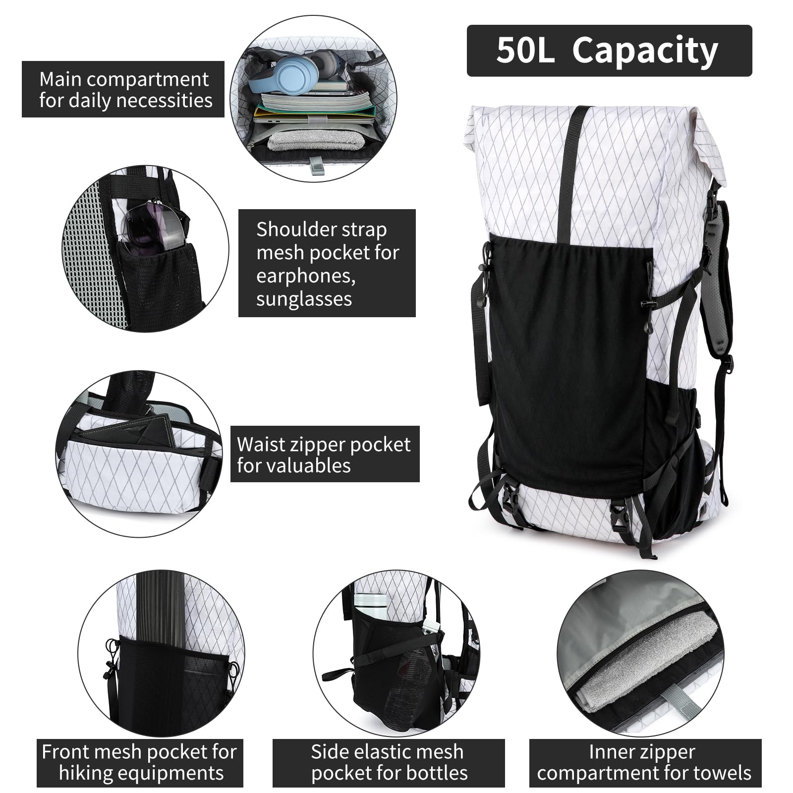 POWER KING 40L Expandable TO 50L Hiking Backpack,Upgraded X-PAC Scratch-proof Lightweight Large Rucksack for Mens Women, Outdoor Roll Top Camping Packsack, Fit for 15.6'' Laptop