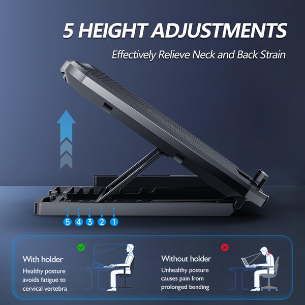 AIMIUZI Laptop Cooling Pad, Laptop Cooler for 12-15.6 Inch Notebooks, Laptop Cooling Stand with 5 Quiet Fans, 5 Height Adjustable, 2 USB Ports, Phone Stand (Black)