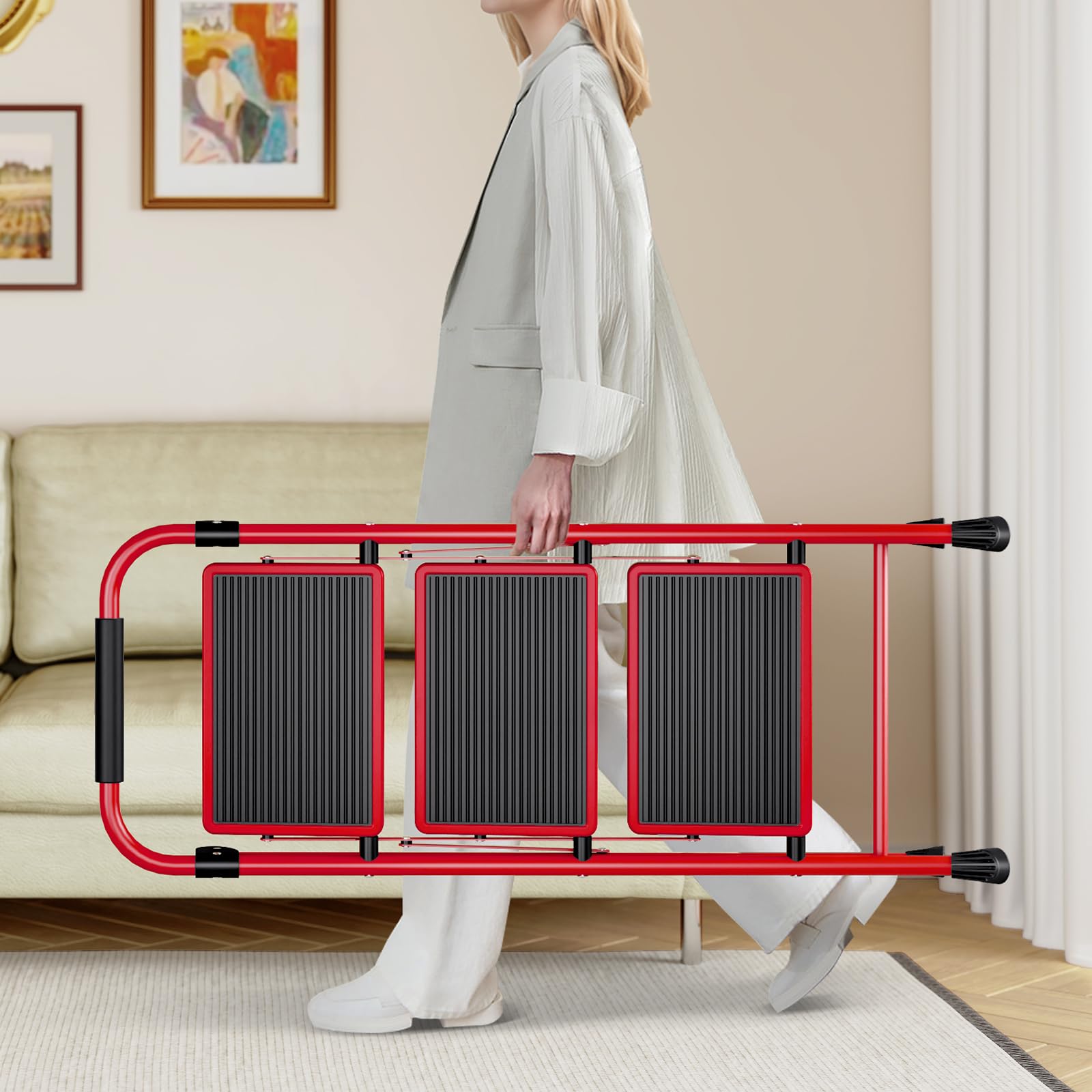 KINGRACK 2 Step Ladder with Handrail, Non-Slip Household Ladder with Folding Safety, Aluminium Folding Step Stool, Maximum Load 150 kg, Black