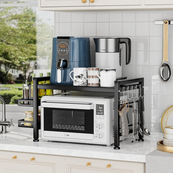 EKNITEY Extendable Microwave Oven Rack - Over Microwave Shelf Countertop 2 Tier Kitchen Microwave Stand (L15.7~23.6" xW12.8 xH17.7) with Spice Rack