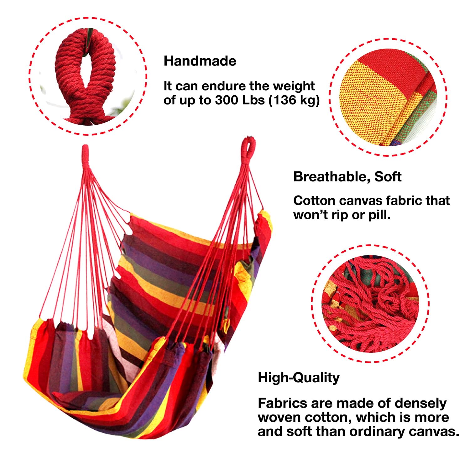 Hommtina Hammock Chair Hanging Rope Swing, Max 300 Lbs Hanging Chair with Pocket & Durability Perfect for Outdoor, Home, Bedroom, Patio, Yard (Pillows