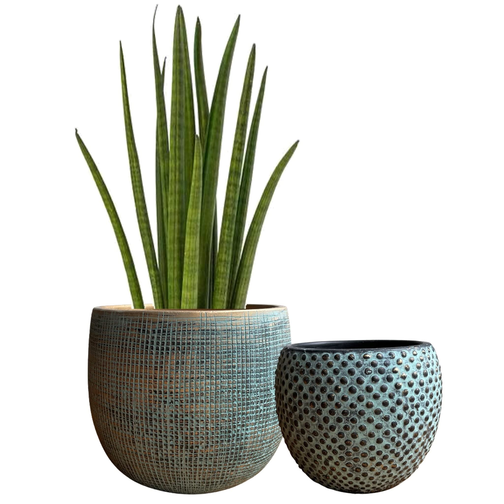 Ceramic Green Gold Plant Pot Set 2-17 and 14cm Teal Gold Indoor Planters Cement Outdoor Flower Pots