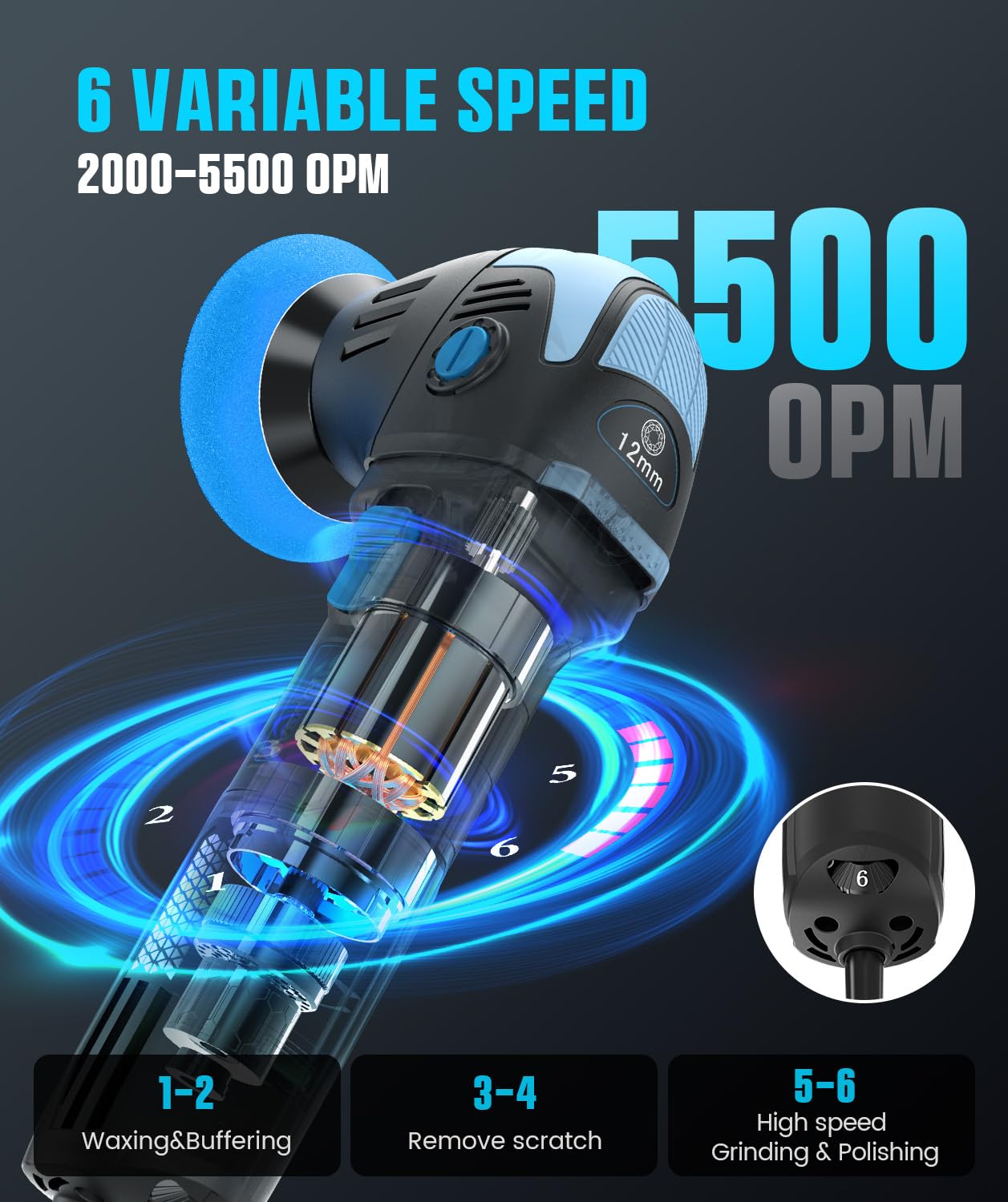 RAYBAO Car Polisher, 1200W Car Polishers and Buffers, Variable Speed 1600-3500RPM, Car Buffer Polisher Machine with Detachable Handle, 180mm/150mm Disc for Polishing/Waxing