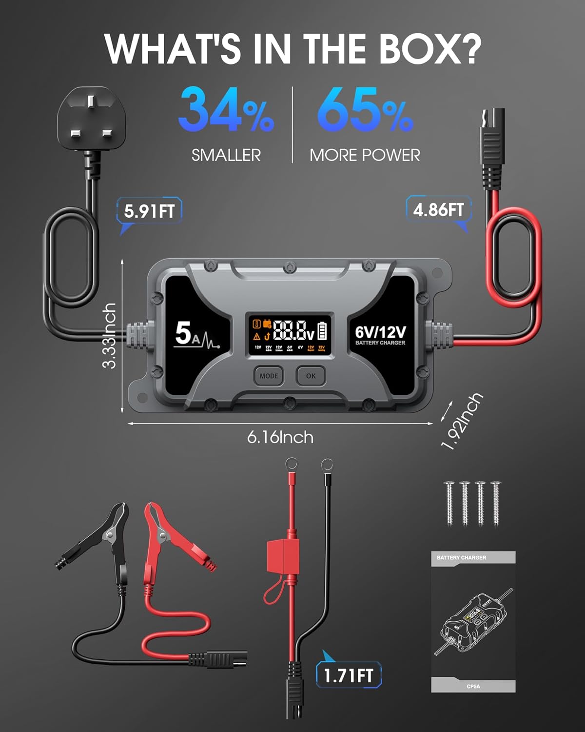 Powerextra 5A Car Battery Charger & Maintainer, 6V/12V Portable Smart Trickle Charger with LED Display & Repair Mode for Lead-Acid AGM Lithium Caravan Batteries