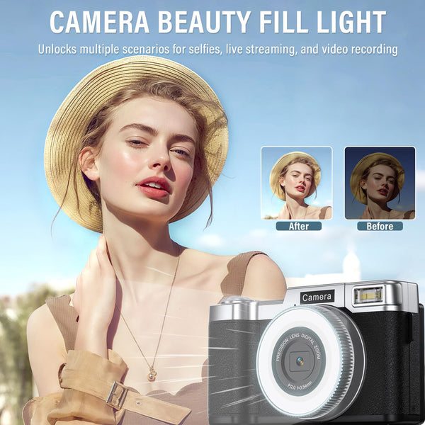 Digital Camera, 64MP 4K Cameras for Photography and Vlogging with Beauty Ring Light, 64GB SD Card, 18X Zoom Autofoucs, 180° Flip Screen Compact Portable Youtube Camera for Beginners Adult Teens