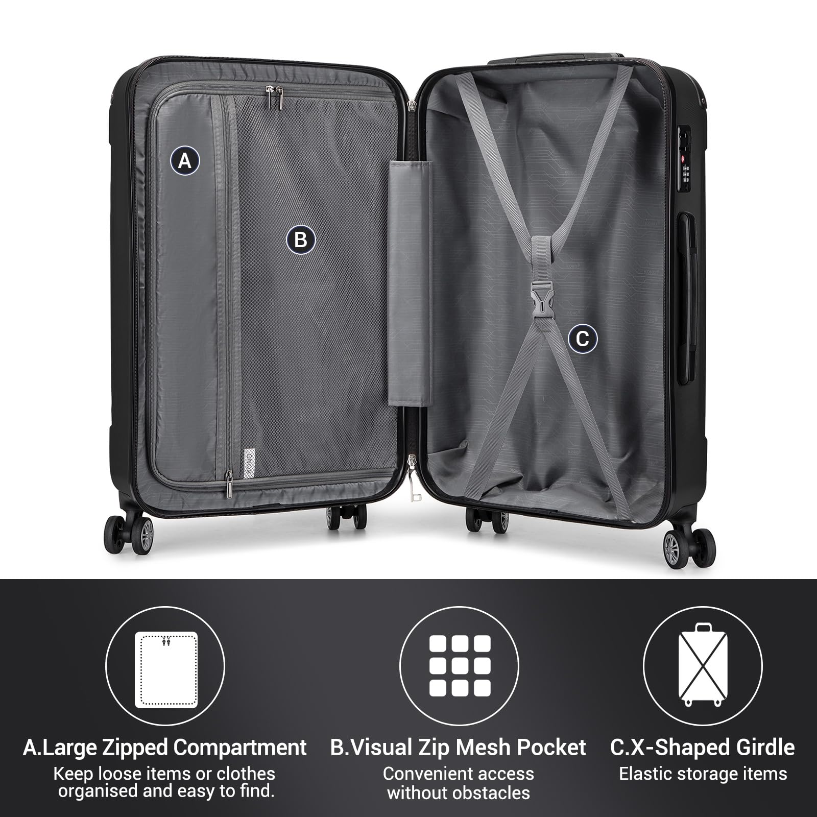 Kono 28 Inch Large Hard Shell Luggage Lightweight ABS 4 Wheels Spinner Business Trip Trolley Case Suitcase (Grey)