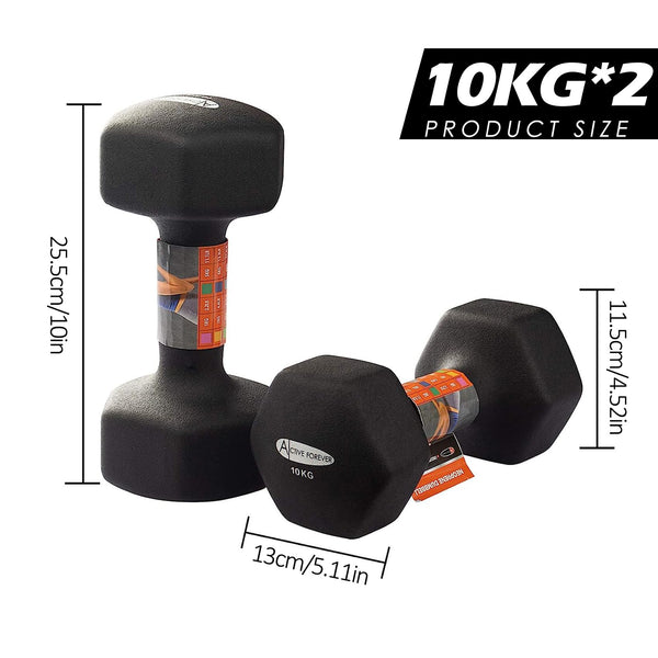 ACTIVE FOREVER Dumbbells 2?10kg, Set of 2, Hex Dumbbells Pair, Neoprene Waterproof Non-slip Dumbells Set (Black)