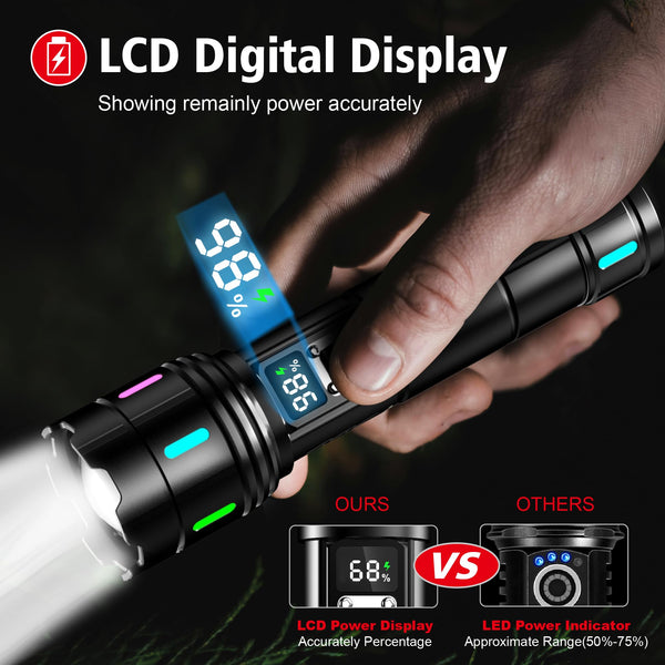 Torches LED Super Bright Rechargeable - 30W 500000 Lumens Powerful Torch with LCD Display XHM90.2 Tactical Flashlight 5 Modes & Zoomable Flash Light IP67 Waterproof for Emergency, Camping, Dog Walking