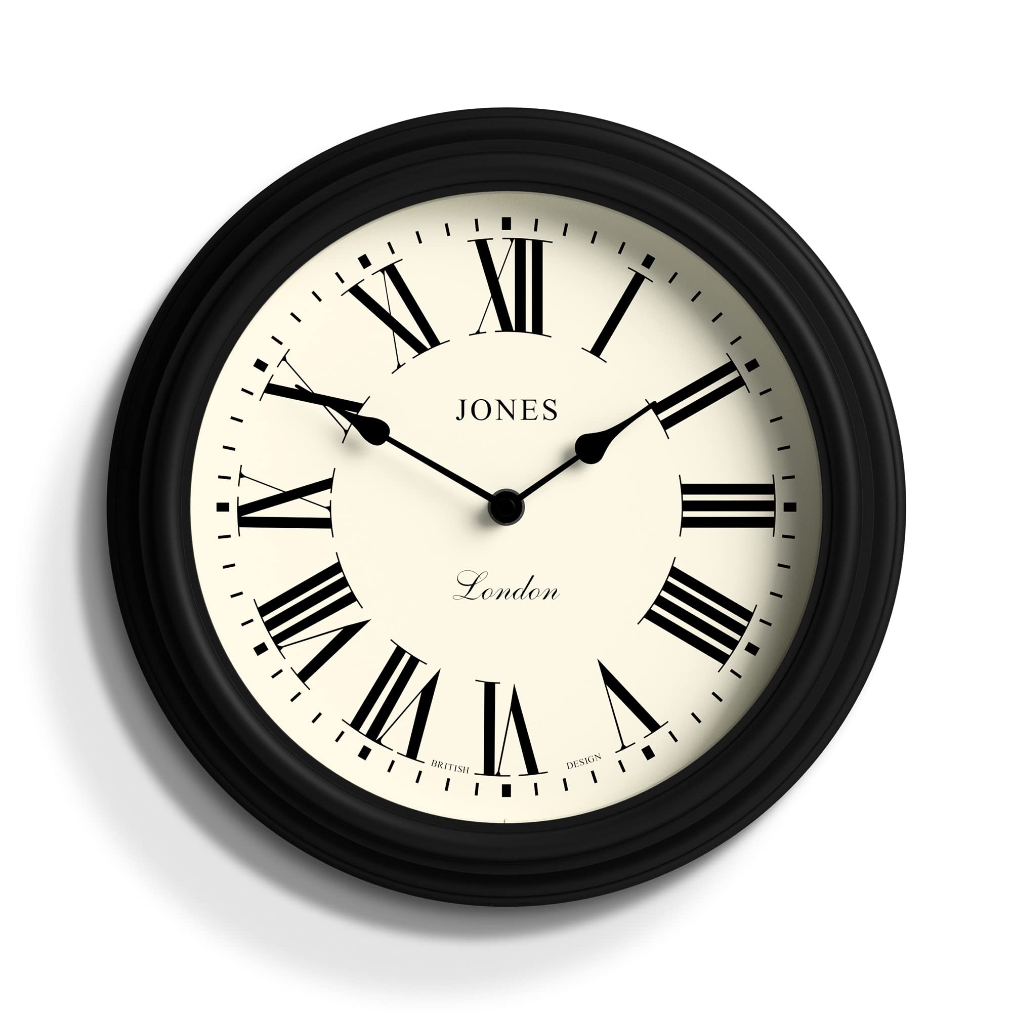Jones Clocks Venetian wall clock | Classic round clock | 30cm | Black | Roman numerals | Traditional design ideal for kitchen, living room or bedroom