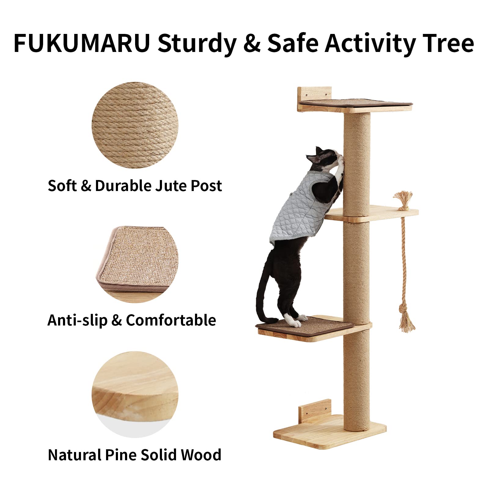 FUKUMARU Cat Scratching Activity Tree Wall Mounted, 125 cm Jute Scratch Post for Large Cats, Kittens with Platform, Rubber Wood, Large