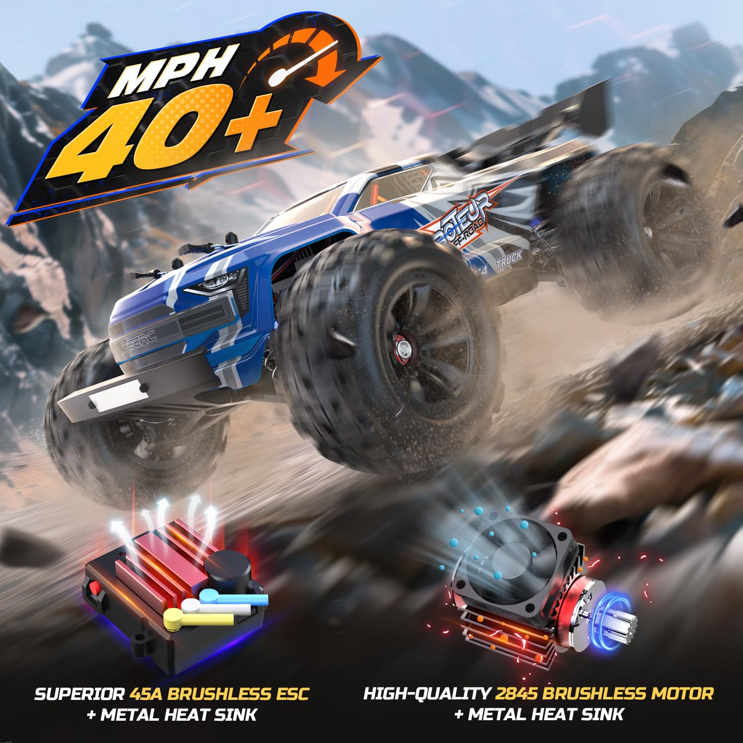 DEERC Remote Control Car 1:10 Scale RC Cars 48+ KM/H High Speed 40+Min Play, 4WD All Terrains Off Road Radio RC for Adults and Kids Hobby RC Truck Vehicle, 2 Battery Crawler Toy Gift for Boys