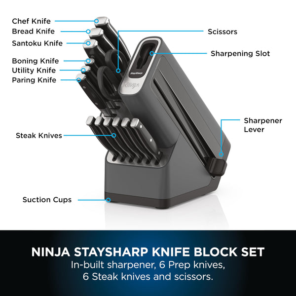 Ninja Foodi StaySharp Knife Block with Integrated Sharpener, 5-Piece Knife Set includes Chef, Bread, Slicing, Utility, Paring Knives, Stainless Steel K32005UK, Black