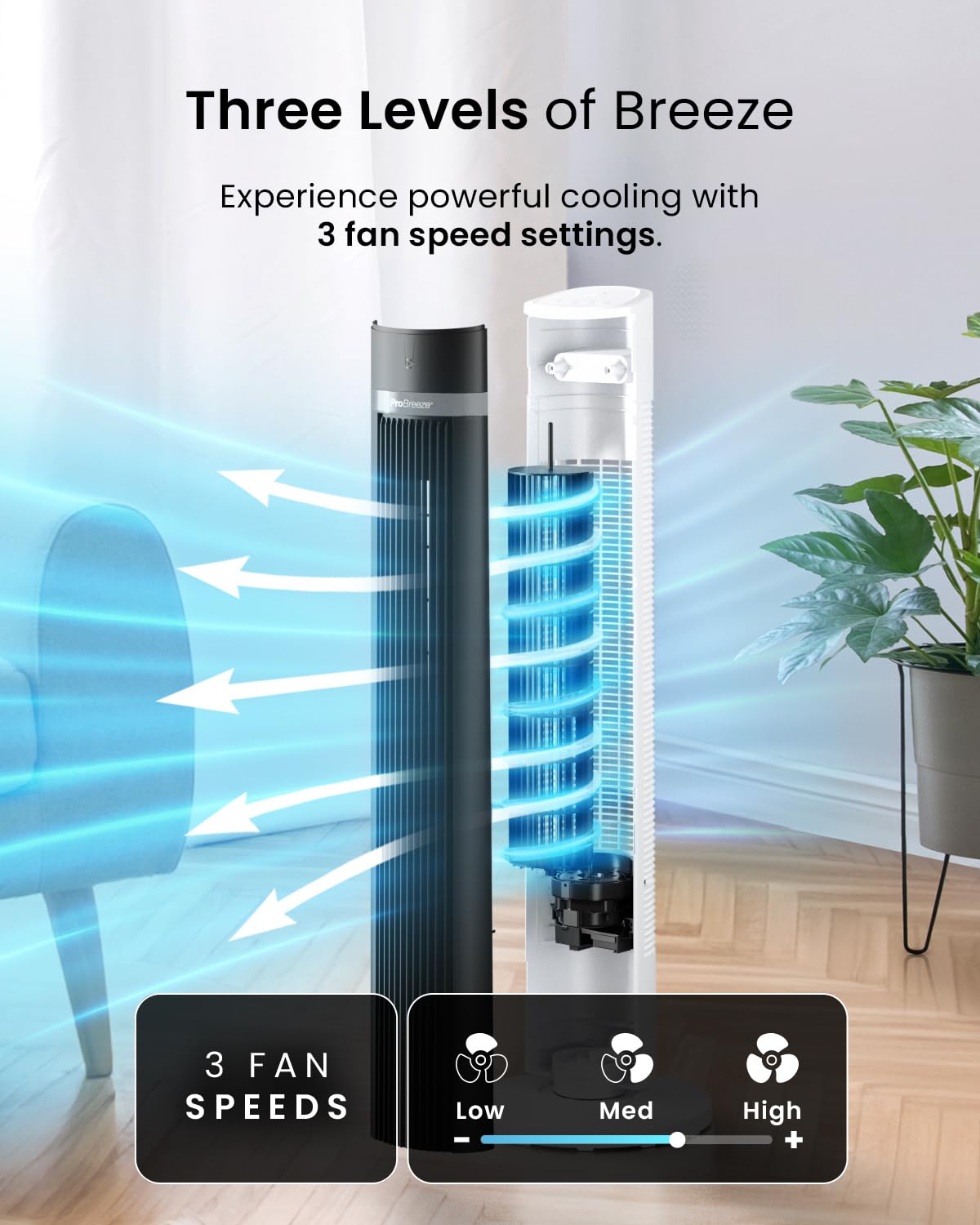 Pro Breeze Bladeless Tower Fan Quiet & Portable with Remote Control, 90° Oscillation, 15h Timer, 4 Modes, 3 Speeds - Powerful Electric 45W Motor Standing Air Circulator for Bedroom & Office
