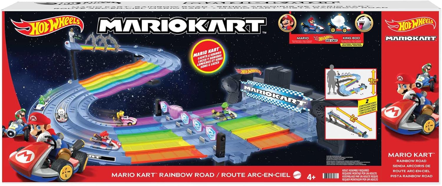 Hot Wheels Mario Kart Rainbow Road Raceway 8-Foot Track Set with Lights & Sounds & 2 1:64 Scale Vehicles, Toy Gift for Kids Ages 4 Years Old & Up, GXX41