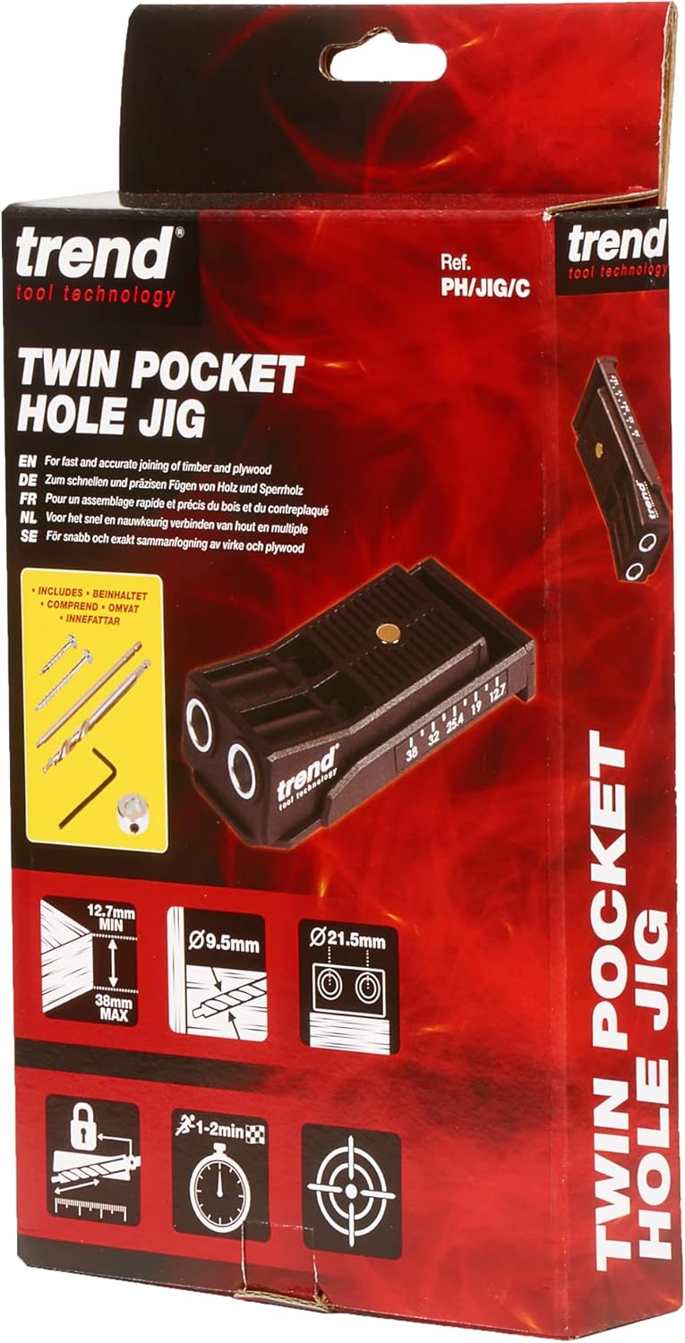 Trend Twin Pocket Hole Jig with HSS Drill Bit & Depth Setting Collar, Square Drive Bit & Pocket Hole Screws Selection, PH/JIG/C