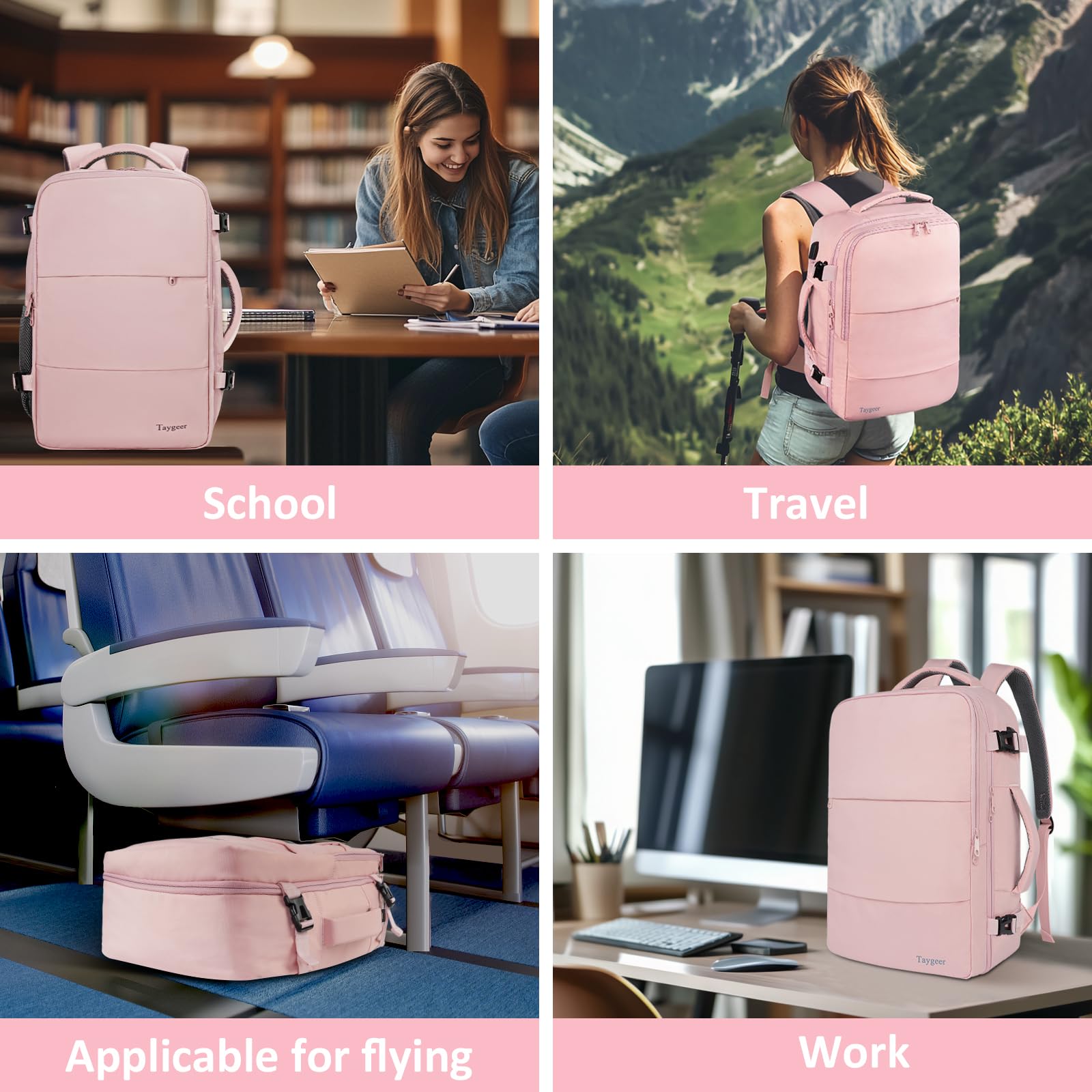 Taygeer Easyjet Cabin Bag 45x36x20 Underseat, Travel Backpack Women, Carry On Backpacks for Airplane, Luggage Rucksack for Plane, Hand Luggage Bag, Laptop Rucksack with Separate Shoe Pouch, Pink