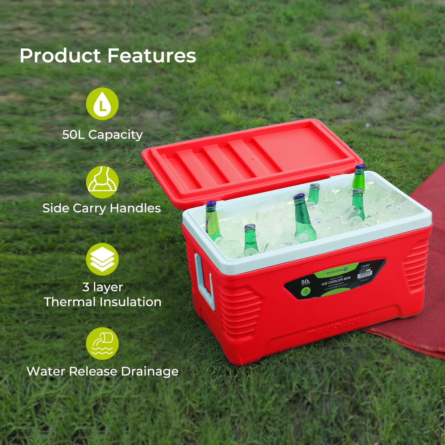 Royalford Insulated Cooler Box - Hot/Cold Freezer Box with Integrated Lock Lid and Carry Handle - Ideal for Beach and Picnic