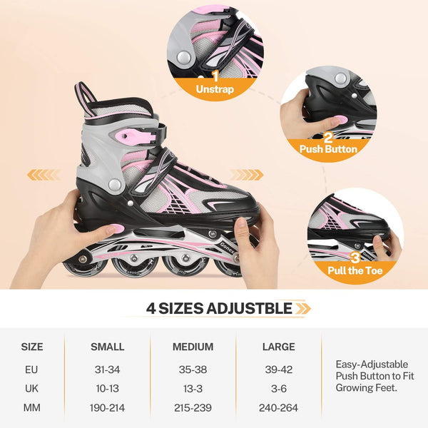 Gonex Children?s Inline Skates, Adjustable Inline Skates for Boys and Girls, EU 31-42, Pink, S