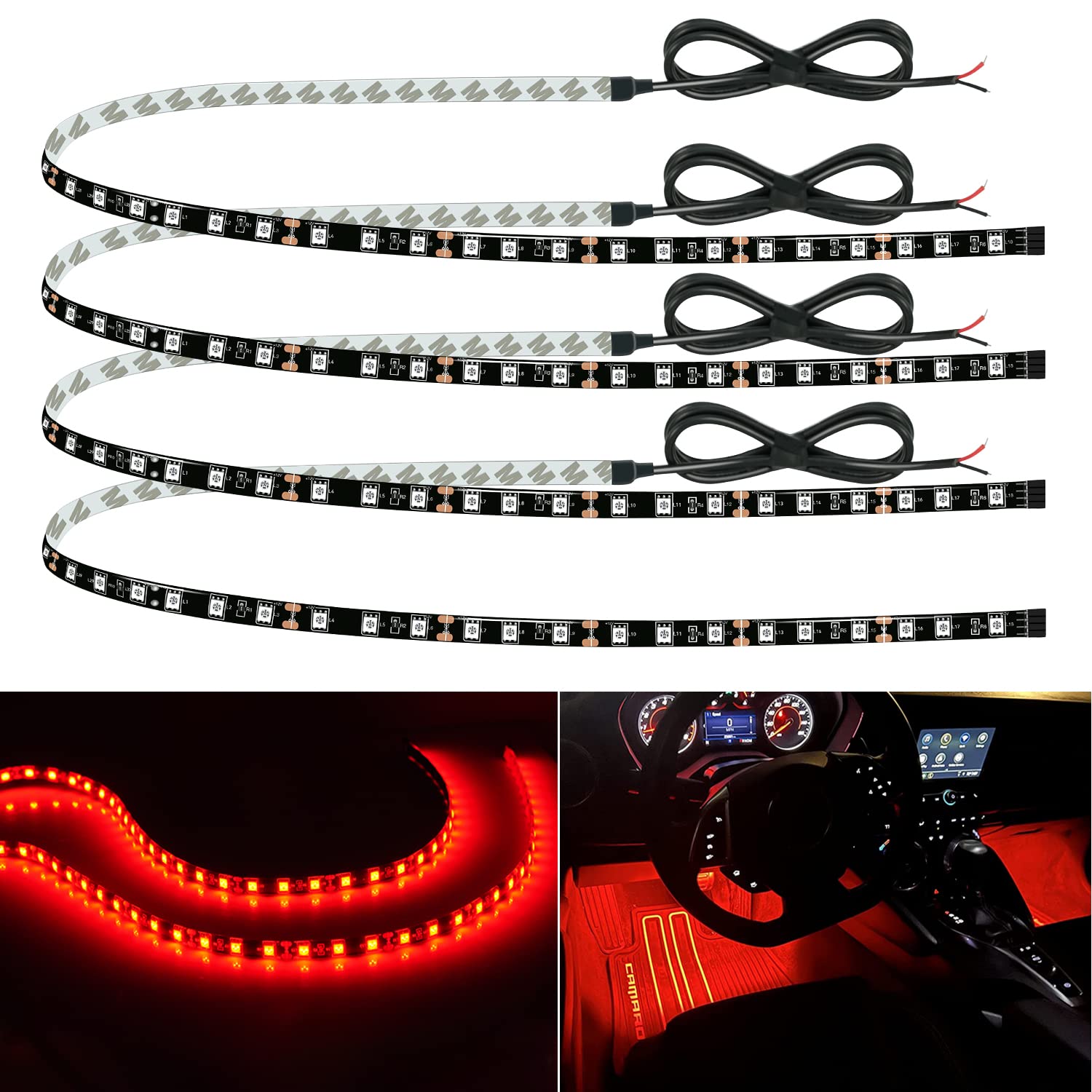 Motorbike Underglow 12V Led Strip Lights Neon Interior Car Lights Connectable Red Led Light Strips 12V for Cars Interior Lights Boat Marine Trucks 4Pack(60cm/24" Red)