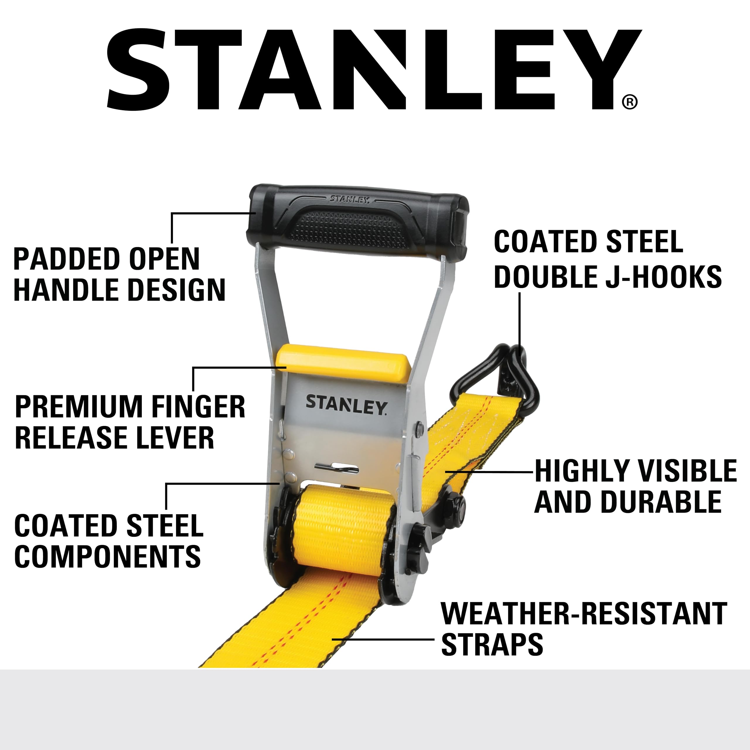 STANLEY S1007 Black/Yellow 1.5" x 16' Ratchet Tie Down Straps - 1,100 lb Safe Working Load / 3,300 lb Break Strength, 2 Pack