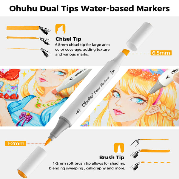 Ohuhu Markers 117 Colours, Water-Based Dual Tip Colouring Pens for Anime and Manga, Sketching, Drawing, Art Markers Set with 1 Colourless Blender and