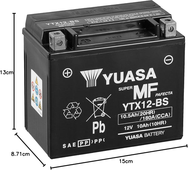 Yuasa YTX12 12V 180 CCA Maintenance Free VRLA AGM Motorbike Battery, Black