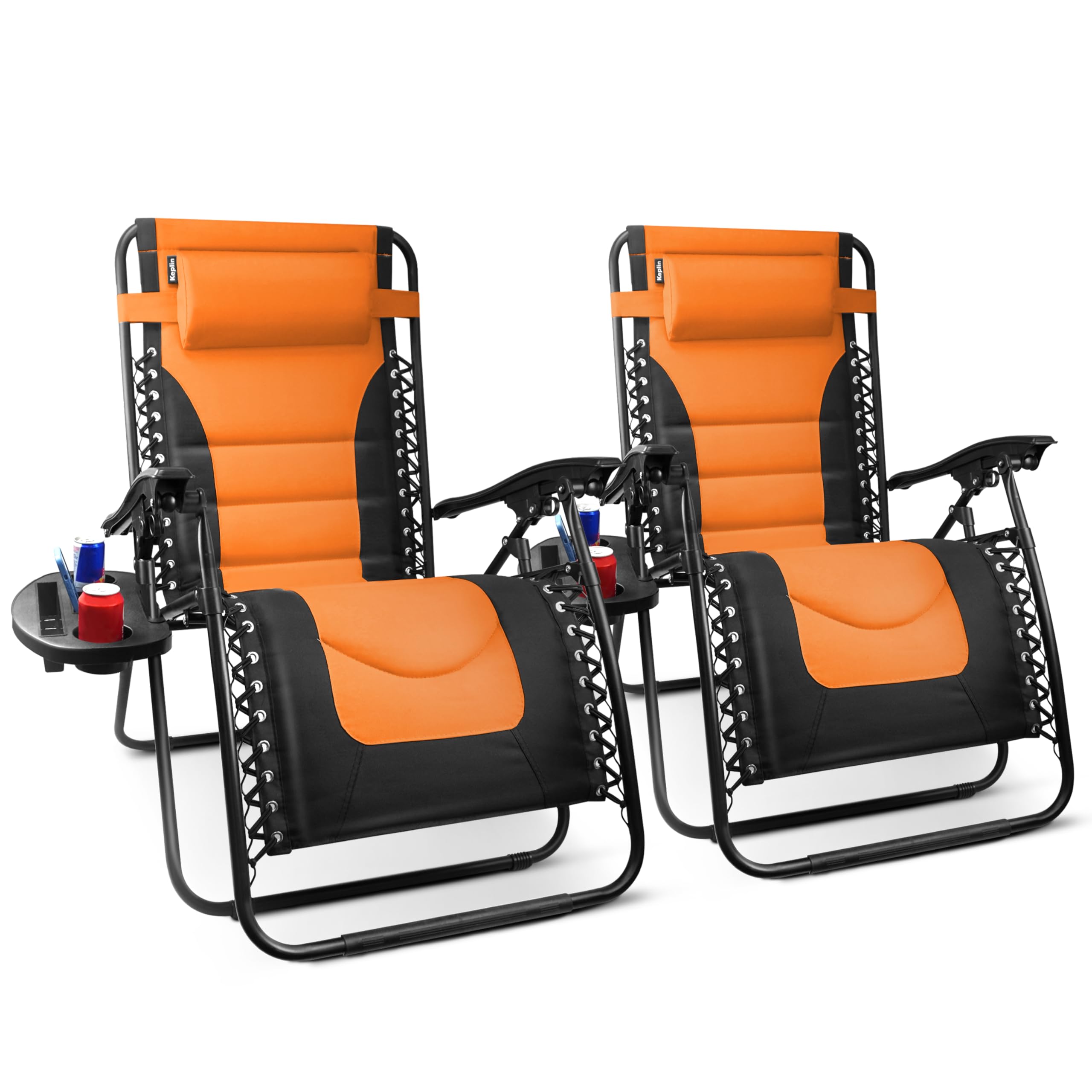 KEPLIN Set of 2 XXL Premium Heavy Duty Padded Zero Gravity Chairs - Luxurious Garden Recliners, Adjustable Headrest, Cup & Phone Holder, Foldable, Easy to Clean Patio Sun Loungers(Black)