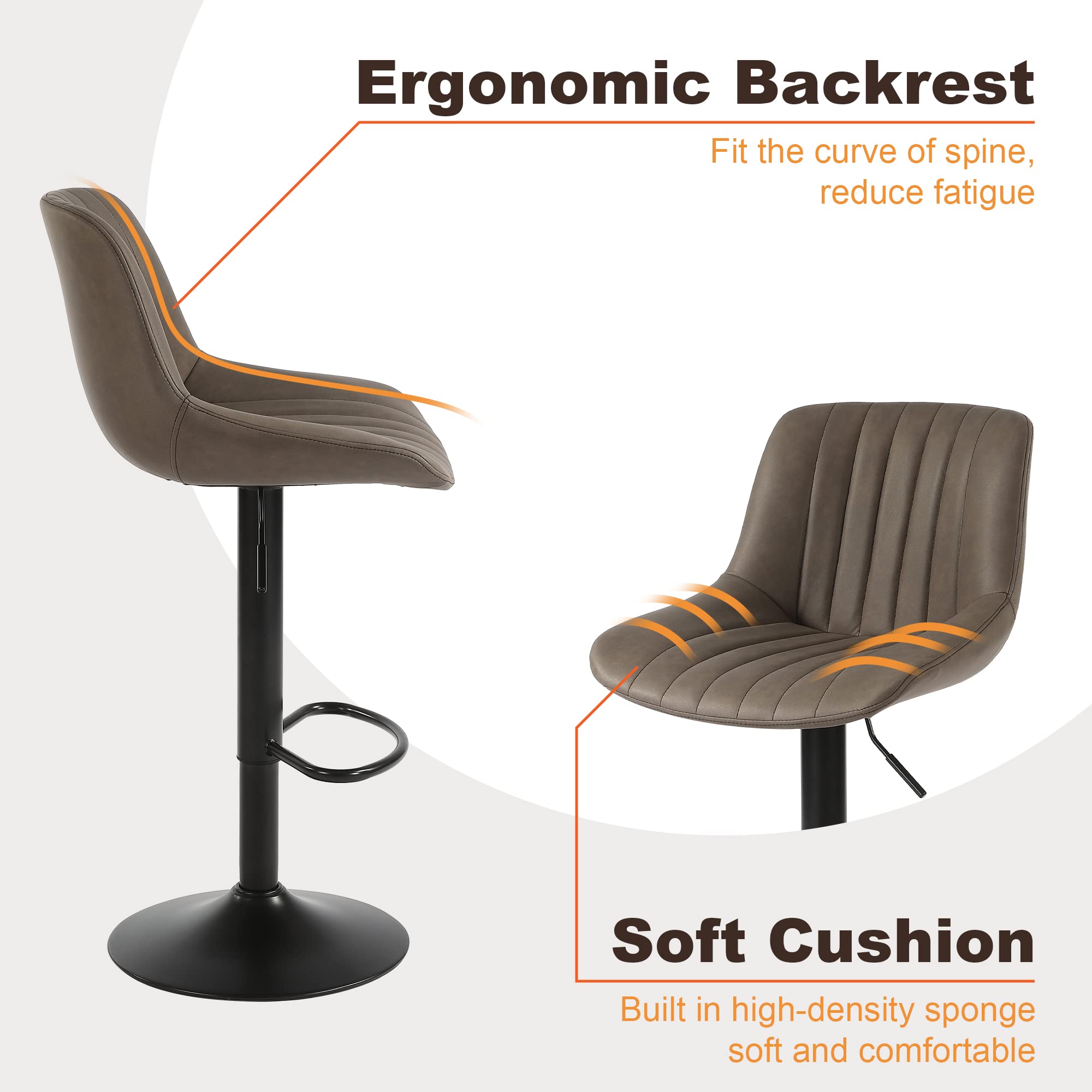 Youhauchair Bar Stools Set of 2, Swivel Counter Height Barstools with Back, Adjustable PU Leather Bar Chairs, Modern Armless Kitchen Island Stool, Black