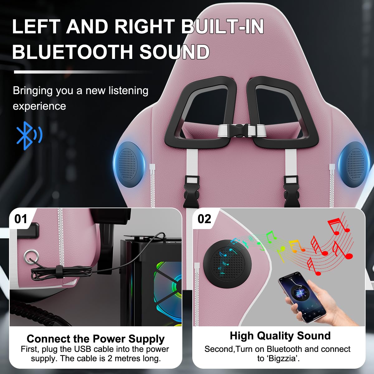 bigzzia Ergonomic Gaming Chair - Gamer Chairs with Lumbar Cushion + Headrest, Height-Adjustable Office & Computer Chair for Adults (without footrest, White)