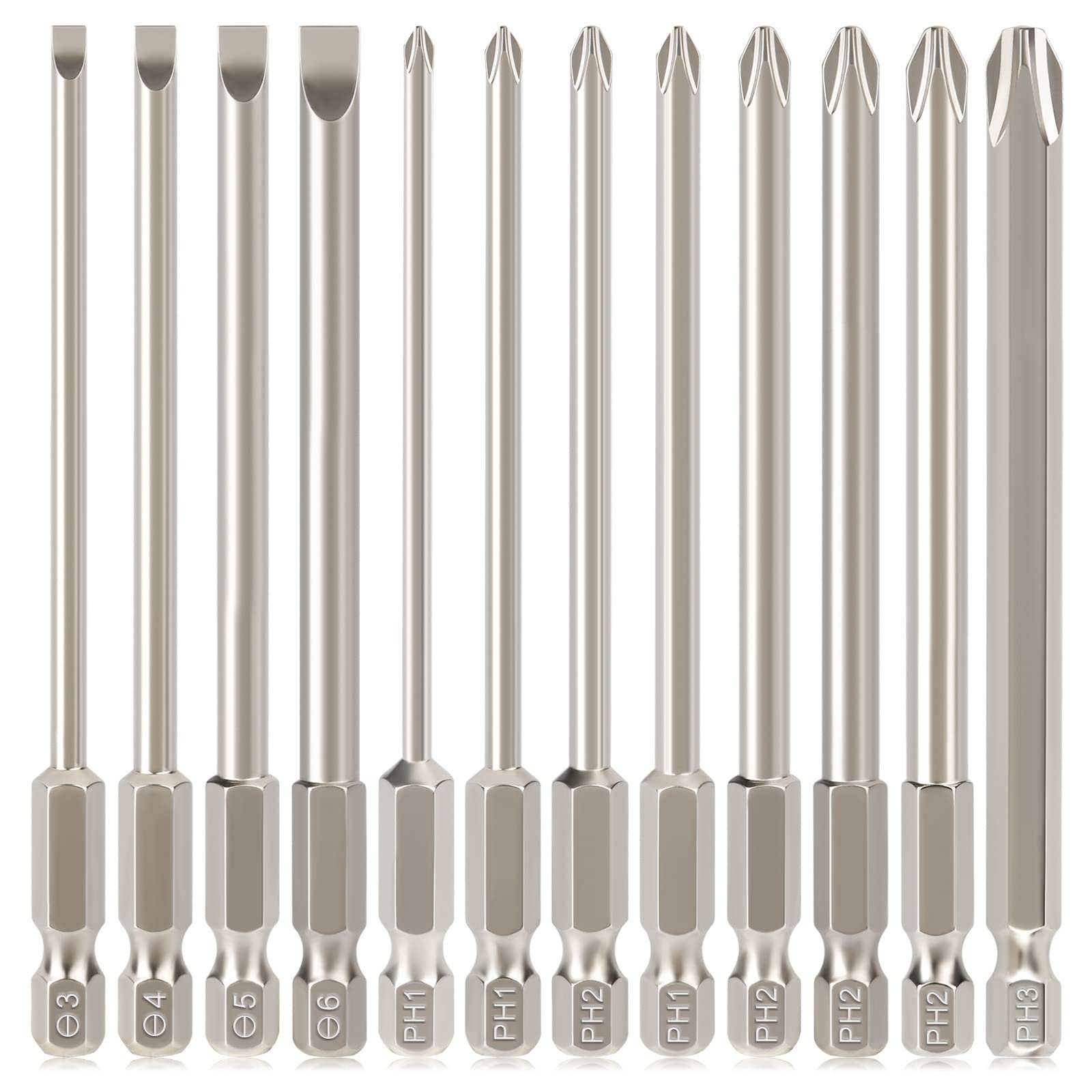 Hakkin 12PC Screwdriver Bits Set - S2 Steel, Magnetic, 3 Inch Slotted & Phillips, 1/4" Hex Shank for Power Screwdriver, Drill, Impact Driver