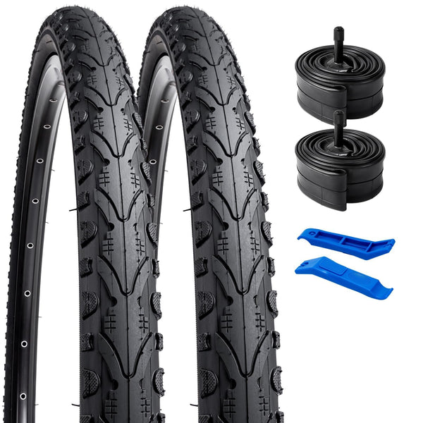 2 Pack 24" Bike Tyre 24 X 1.75(47-507) and 2 Pack 24" Bike Tubes 24 X 1.5/1.75 AV 33mm Valve Compatible with 24 x 1.75 Bike Tyre and Tubes Black AK935