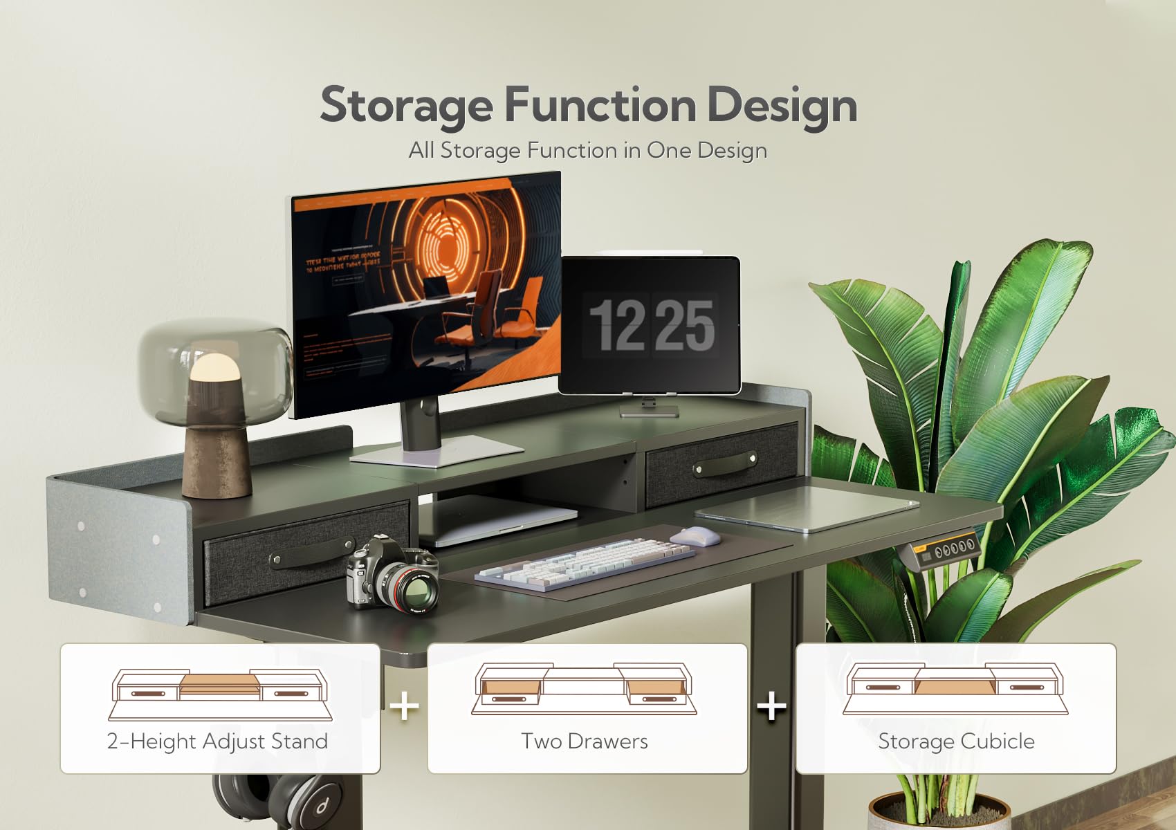 Claiks Electric Standing Desk with Drawers, 120x60cm Height Adjustable Desk with Storage Shelf and Splice Board, Stand Up Desk for Home Office, White Frame/Maple Top