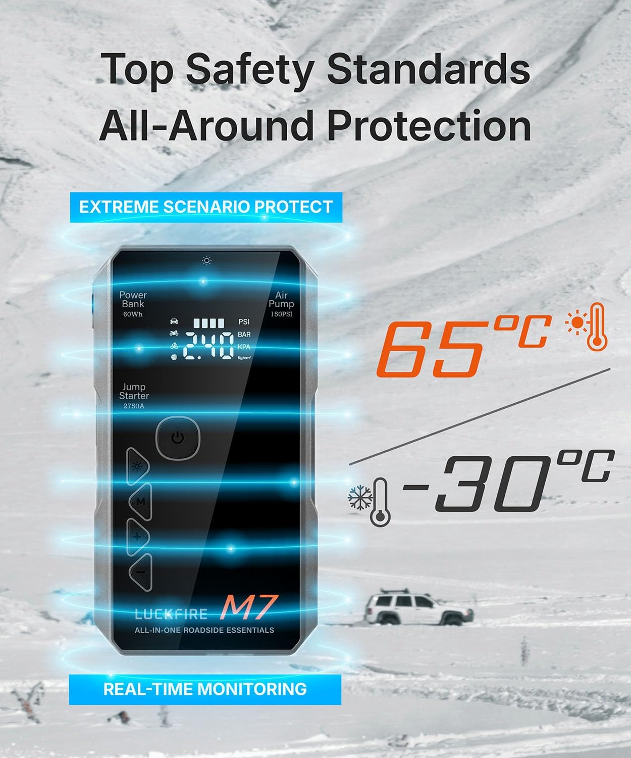 M7: Smart Car Jump Starter Power Pack with Air Compressor, 12V Car Battery Booster Jump Starter, 150PSI Digital Tyre Inflator, 60Wh Power Bank - For 8.5L Petrol / 6.5L Diesel Engines