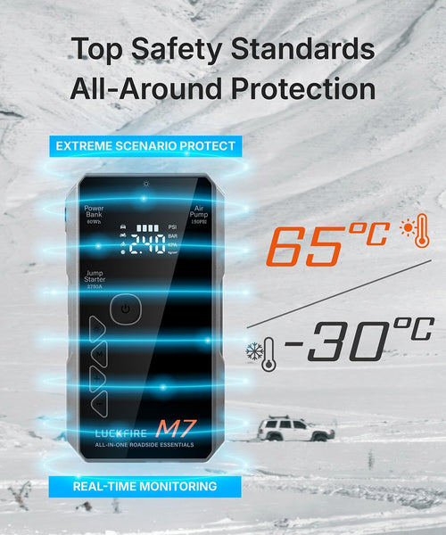 M7: Smart Car Jump Starter Power Pack with Air Compressor, 12V Car Battery Booster Jump Starter, 150PSI Digital Tyre Inflator, 60Wh Power Bank - For 8.5L Petrol / 6.5L Diesel Engines