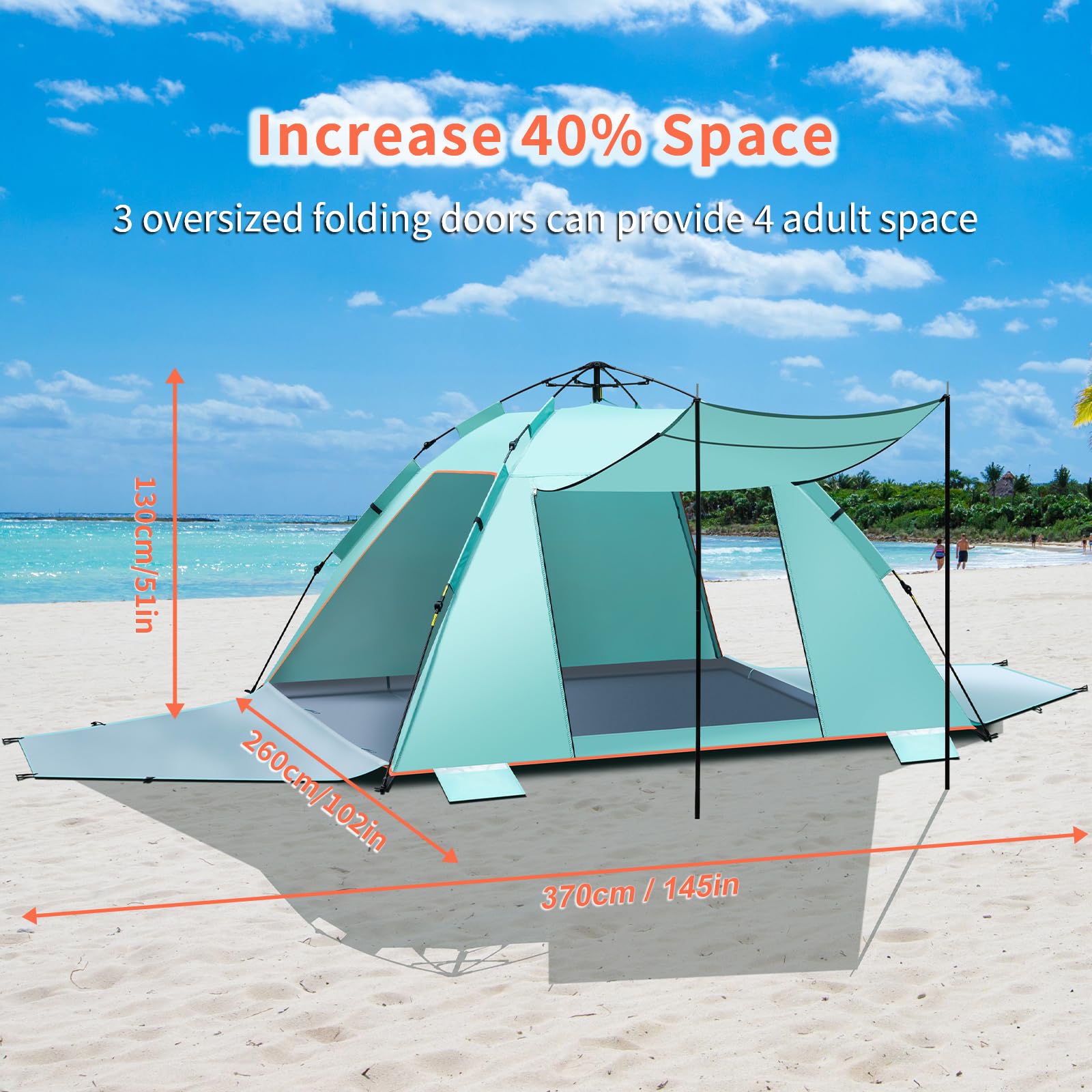 4-5 Person Instant Pop Up Automatic Beach Tent, Extra Large Portable Ventilated Automatic Beach Sun Shelter Tent, UPF 50+ Easy Setup Beach Tent for Picnic,Beach,Garden