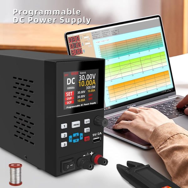 BSIDE Programmable DC Power Supply Variable 30V 10A 300W Regulated Switching Power Supply with 1mA Dual Fine-Tuning 4-Digit 6-Line Colour Display CA CC Mini Workbench Power Supply for Electronics Lab