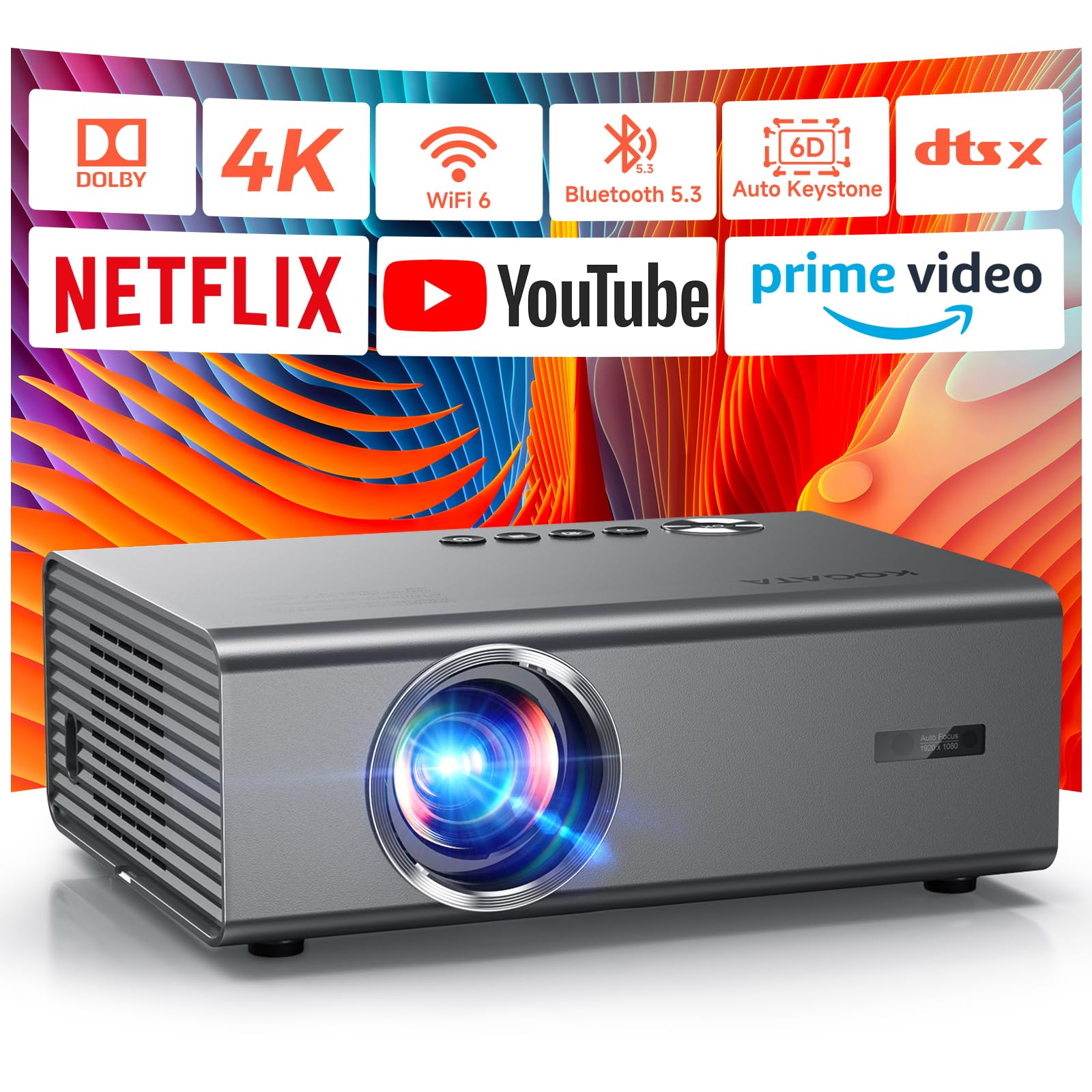 4K Smart Projector for Bedroom with Netflix Smart OS & HDR10 | KOGATA AI Auto Focus, 6D Keystone, WiFi 6 & Bluetooth 5.3 | Outdoor & Indoor Home Cinema Projectors