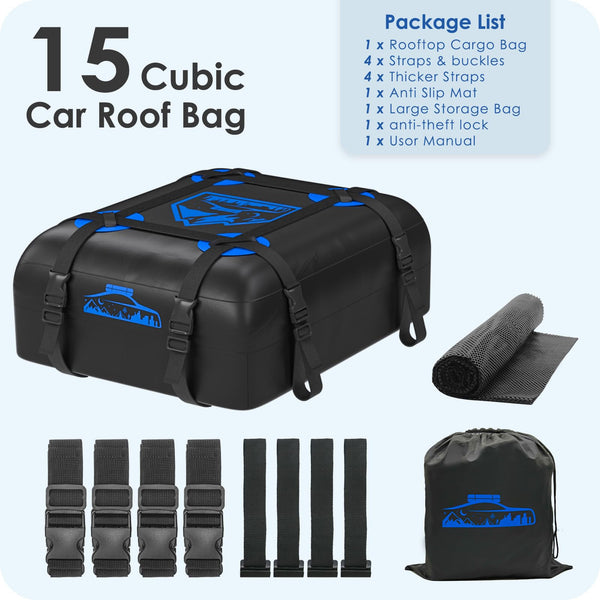 Rymopuey Roof Bag 15 Cubic/425 L, Waterproof Car Roof Bag No Rack Needed, Roof Box with Anti-Slip Mat and 6 Heavy-Duty Straps, Folding Soft Car Roof Box for Cars with/Without Rack (Blue 425 L)