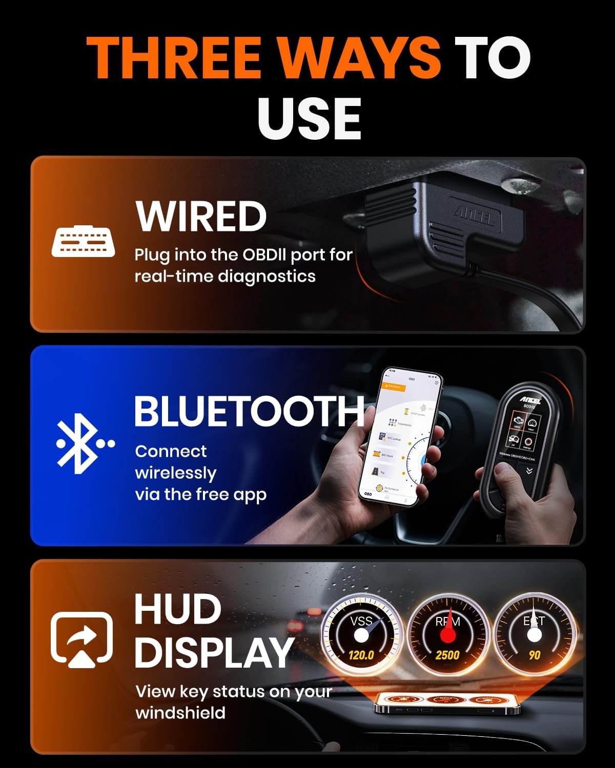 ANCEL BD310 OBD2 Scanner Bluetooth 5.0 : Upgraded 3-in-1 OBD2 Code Reader Diagnostic Tool, Check Engine Light, Battery Test, Professional iOS/Android App Support, Fits Post-1996 Vehicles.