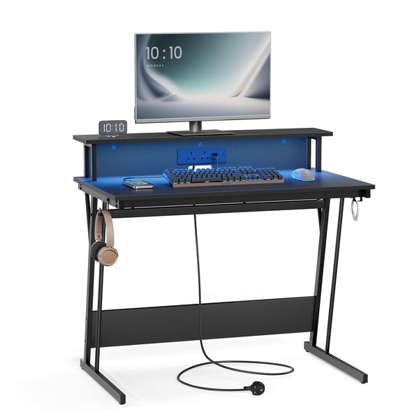 VASAGLE Gaming Desk with LED Lights and Built-In Power Outlets, Computer Desk with Monitor Shelf, Gaming Table for 2 Monitors, Office Desk, for Bedroom, 60 x 120 x 76 cm, Carbon Black LWD292B02