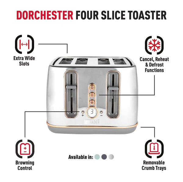 Haden Dorchester Chrome Toaster 4 Slice - Digital Browning Controls - Modern LCD Display - Cancel/Defrost/Reheat Settings - 1900-2300W Digital 4 Slice