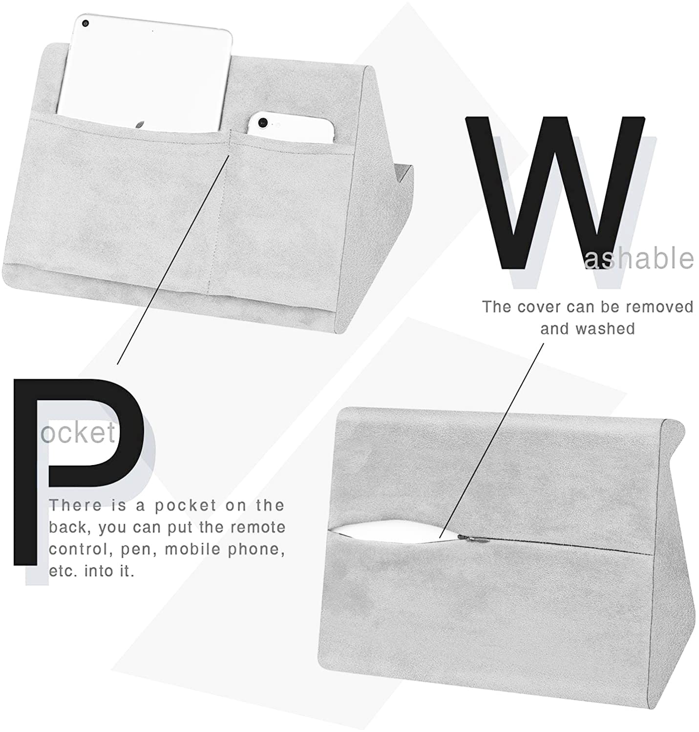 Soft Tablet Stand Pillow with Pocket,Tablet Cushion Stand,Adjustable 3 Viewing Angle,Lazy Holder Stand for Bed Sofa,Compatible with iPads Tablets eReaders Smartphones Books Magazines（Grey）…